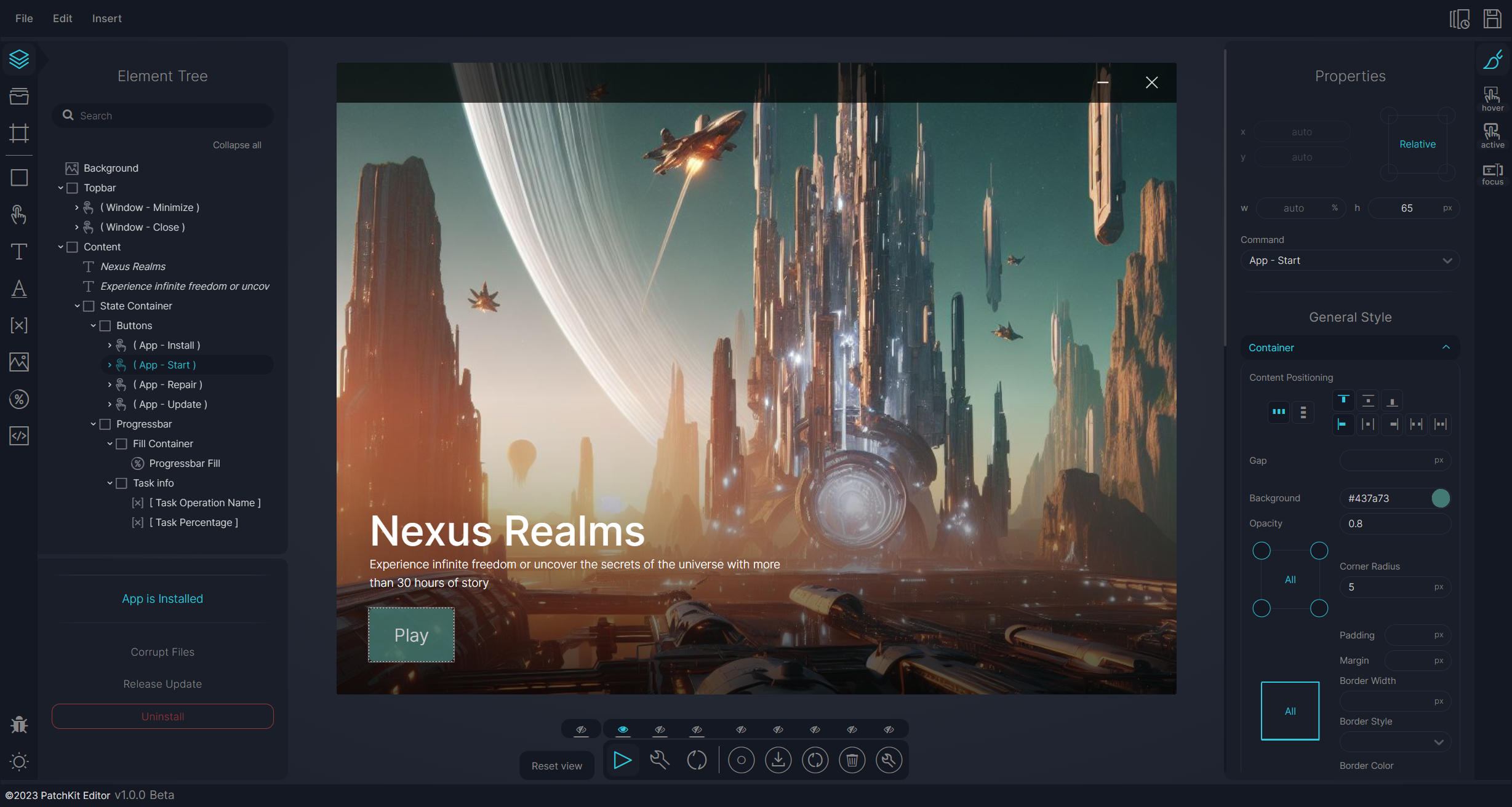 The Visual Launcher Builder with a launcher canvas and a properties panel